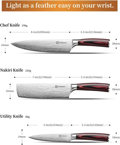 Miniatura 7 de KEEMAKE Juego de cuchillos de cocina, 3 piezas de cuchillos de chef profesionales con acero inoxidable de alto carbono, juego de cuchillos de cocina