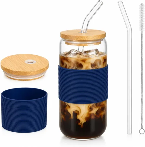 Miniatura 9 de Taza de bambú de vidrio de 16 onzas con tapa y pajita, juego de tazas de café de vidrio de 16 onzas, batido, cerveza, jugo, matcha, vasos estéticos