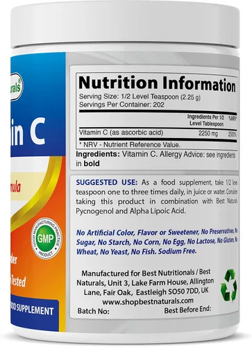 Miniatura 2 de Best Naturals Polvo de Vitamina C 100% Puro 1 lb (454 gramos) en Polvo (También llamado Ácido Ascórbico)