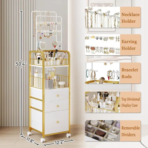 Miniatura 2 de Carrito organizador de maquillaje con 3 cajones, organizadores de joyas y almacenamiento para collar de aretes, organizador de almacenamiento grande