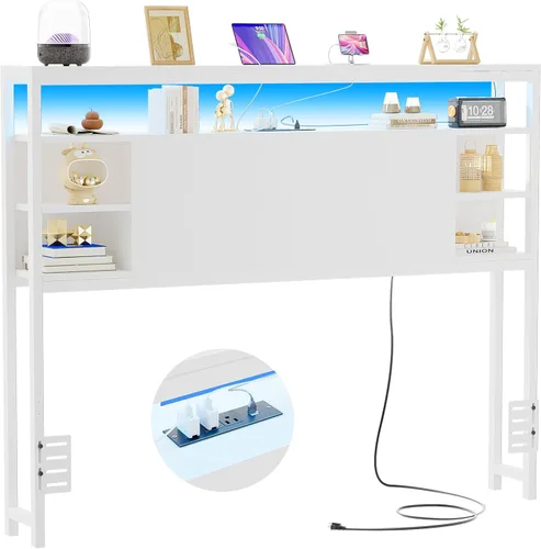 Miniatura 12 de Unikito Cabecera individual con almacenamiento, cabeceros con toma de corriente y luces LED inteligentes, cabecera resistente para cama