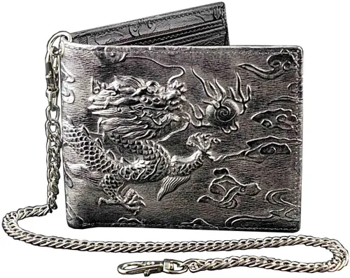 Cartera de cuero gris plateado con cadena para hombre, diseño de dragón vintage, plateado, Vintage