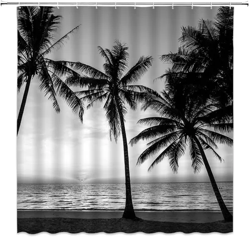 Miniatura 3 de Cortina de ducha de palmera blanca y negra, playa, paisaje oceánico, selva tropical, planta hawaiana, moderna, exótica, poliéster, decoración