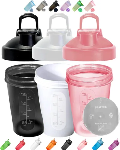 Paquete económico de 3 colores para mezclas de bebidas proteicas preentrenamiento (negro, blanco, rosa) con marcas de escala de bola batidora de