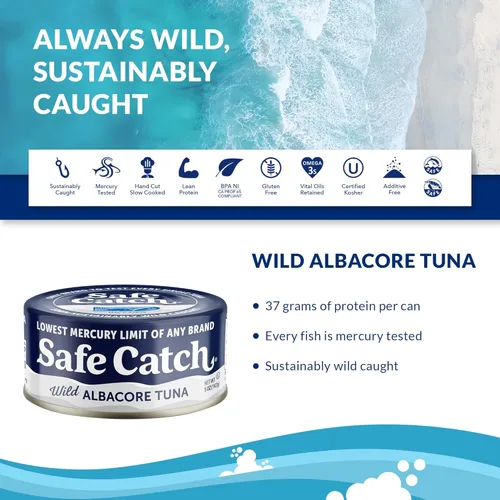 Miniatura 2 de Safe Catch Atún Albacora Salvaje Enlatado Bajo en Mercurio Filete de Atún Enlatado Sin Gluten Alimento Keto Sin OMG Kosher Apto para Paleo Alto