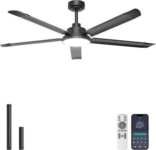 Miniatura 26 de Ohniyou Ventilador de techo de 60 pulgadas sin luz, ventilador de techo industrial plateado con control remoto/aplicación, aspas de aluminio, motor