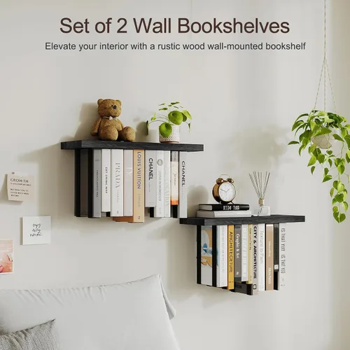 Miniatura 6 de Estantería flotante para pared, estantería colgante de madera rústica, estante de libros boca abajo y estantes montados en la pared para decoración