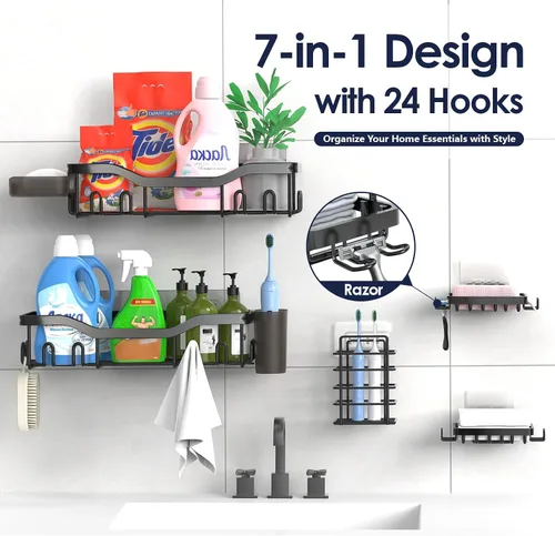 Miniatura 7 de NESOMI Organizador de Ducha Adhesivo Juego de 7 Piezas, Estantes de Baño de Acero Inoxidable a Prueba de Óxido, Accesorios de Almacenamiento sin