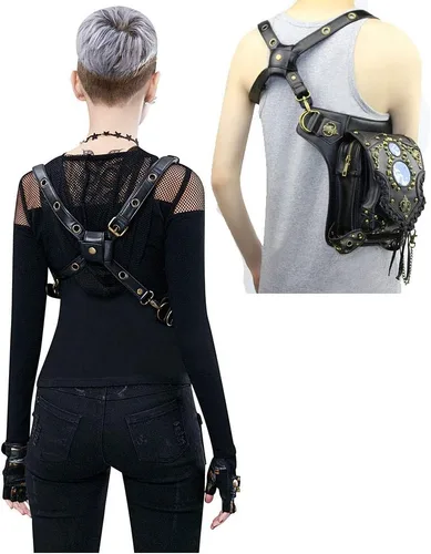 Miniatura 4 de Riñonera gótica de cuero steampunk con cadena bolsa cruzada para el hombro bolsa de cadera Negro