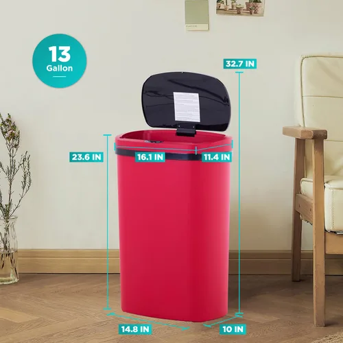 Miniatura 7 de BestOffice Papelera de plástico de 13 galones con tapa Roja Basurero automático sin tacto Control de olores Diseño ovalado moderno Fácil