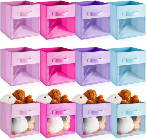 Miniatura 7 de Marsui 12 unidades de cubos transparentes de almacenamiento plegables negros para niños, organizador de aula de tela con ventana para sala