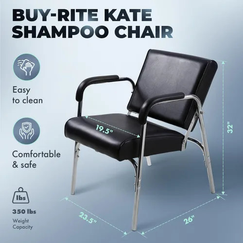 Miniatura 2 de Buy-Rite Kate SY-92272 - Silla de champú reclinable con cojín extragrueso, brazos cromados resistentes, vinilo negro, respaldo sólido ergonómico