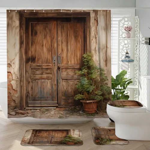 Miniatura 46 de Juego de baño estilo granja de 3 piezas con cortina de ducha y alfombras, cortina de ducha de 72'' y dos alfombras de baño antideslizantes lavables