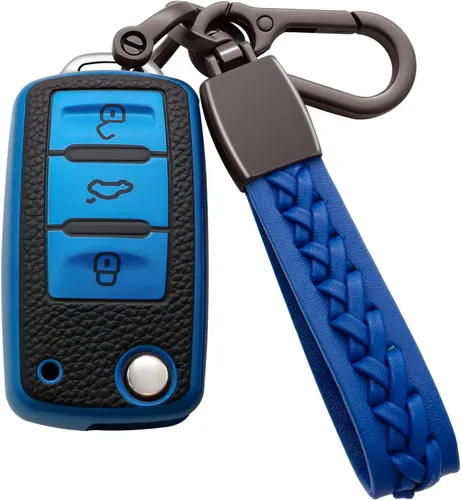 Funda para Llavero VW de TPU Suave Premium con Llavero Carcasa Protección de 360 Grados Compatible con VW Volkswagen Jetta Golf Polo MK6 Passat Azul