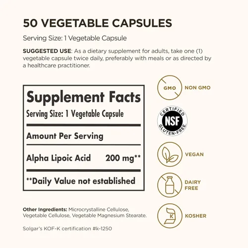 Miniatura 2 de Solgar Ácido alfa lipoico de 200 mg, 50 cápsulas vegetales, soporte antioxidante, ayuda a reciclar glutatión, vitamina C y E, CoQ-10, sin OMG