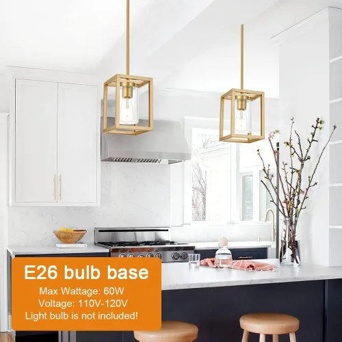 Miniatura 6 de Candelabro rústico de 1 luz con acabado dorado, moderno accesorio de iluminación colgante industrial con pantalla de vidrio transparente, lámpara
