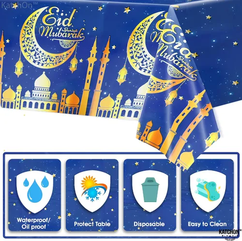 Miniatura 3 de KatchOn, Blue Eid Mubarak Mantel de 108 x 54 pulgadas, paquete de 3 manteles de Eid Mubarak para decoraciones de Eid para el hogar Decoraciones