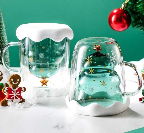 Miniatura 5 de MUCHENGGIFT Bonita taza de café con diseño de árbol de Navidad, taza de té y leche con aislamiento de doble pared, taza de espresso, el mejor regalo