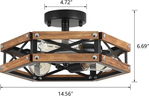 Miniatura 4 de Lámpara de techo de madera rústica de 3 luces, de madera de roble y jaula de metal, lámpara de techo semiempotrada para pasillo, pasillo, entrada