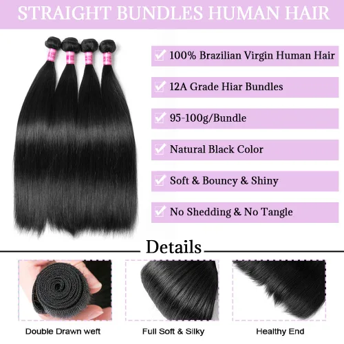 Miniatura 2 de Beautymoon Paquetes de cabello liso negro jet 4 manojos, cabello humano brasileño 14 16 18 20 pulgadas, 100% cabello virgen sin procesar liso, 4