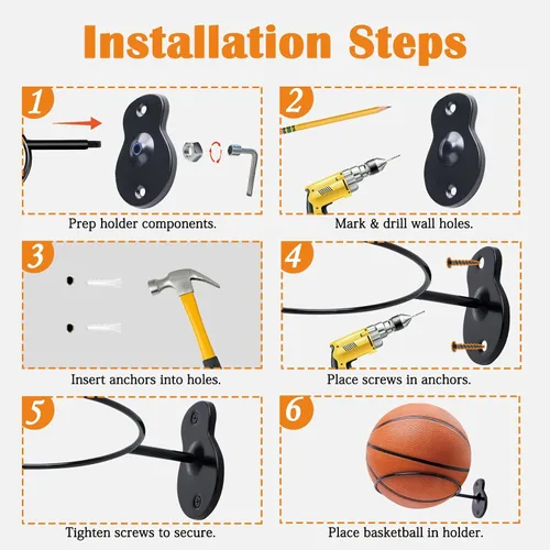 Miniatura 6 de Soporte de pared para baloncesto, soporte de bola de metal de 7 pulgadas de diámetro, almacenamiento de pelotas para baloncesto, fútbol, voleibol