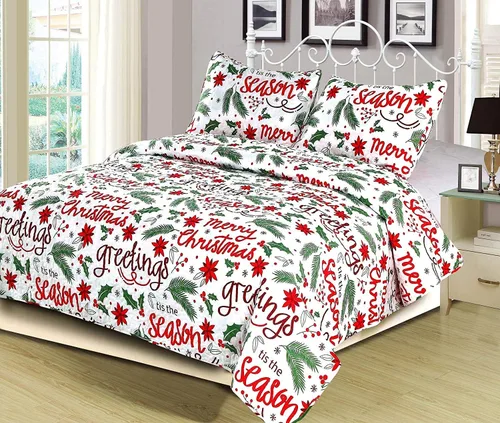 Miniatura 2 de HowPlum Christmas Cheer Winter Script Edredón Ligero de Vacaciones Juego de Ropa de Cama Full/Queen, Rojo Verde Blanco