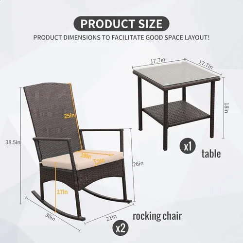 Miniatura 4 de Mecedora de mimbre de polietileno para exteriores, juego de 3 piezas, 2 sillones mecedores, mesa auxiliar de café, muebles lavables con cordones