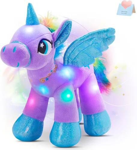 Houwsbaby Peluche de unicornio con luz LED púrpura de 14 pulgadas, juguete de peluche de unicornio, juguete de peluche de caballo brillante, luz