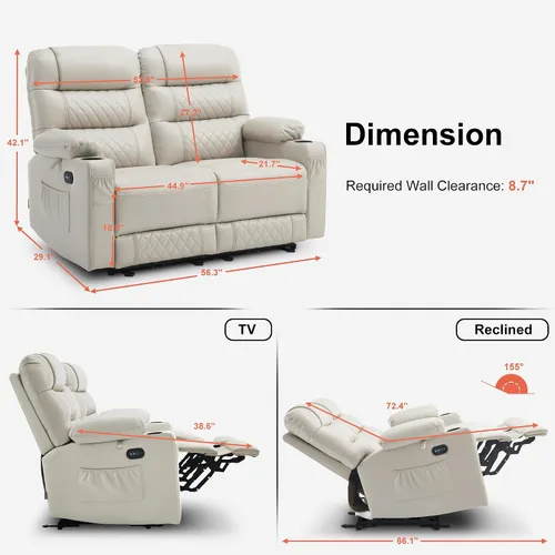 Miniatura 3 de MCombo Sofá reclinable eléctrico de gravedad cero de 56.3 pulgadas con masaje de calor y vibración, sofá biplaza reclinable con puertos USB, Gris