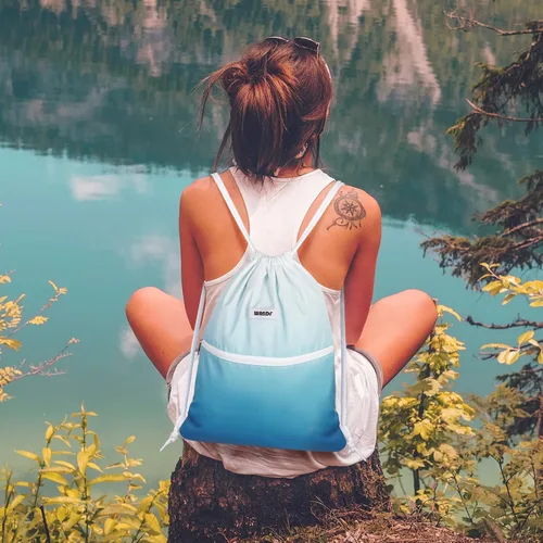 Miniatura 5 de WANDF Mochila con cordón de nailon resistente al agua para gimnasio, compras, deporte, yoga, Azul Gradiente, Compacto