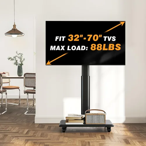 Miniatura 7 de TVON Soporte de TV móvil para televisores de 32 a 70 pulgadas, elegante soporte de TV de piso con ruedas, carro de TV móvil con 9 niveles de ajuste
