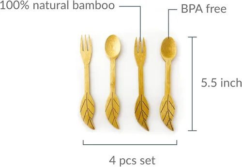 Miniatura 2 de JB Home Collection 4580 Cucharas y tenedores reutilizables de bambú para aperitivo, frutas, postres, helado, yogur, especias, sal, azúcar, té verde