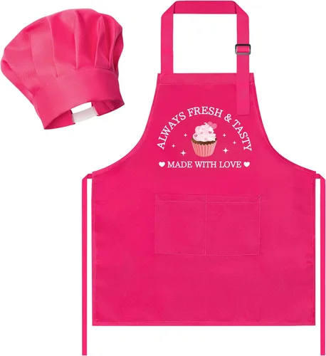 Miniatura 10 de R HORSE Juego de delantal y sombrero de chef para niños, 2 piezas, mini parrilla ajustable, delantal de cocina para niños, juego de rol, juguete