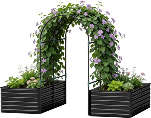 Cama de jardín elevada con enrejado de arco para plantas trepadoras, cama de jardín elevada galvanizada, jardineras al aire libre para verduras,
