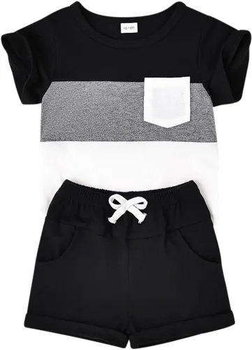 Miniatura 18 de Ropa para bebé niño pequeño, trajes de verano de manga corta, camiseta de retazos y pantalón con bolsillo, conjunto de 2 piezas, 12 meses a 4 años