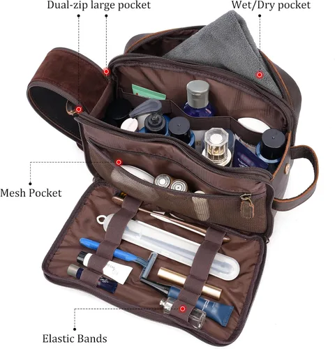Miniatura 4 de Polare - Neceser de cuero de grano completo, kit de afeitado, estuche de viaje, bolsa de lavado con cremalleras YKK