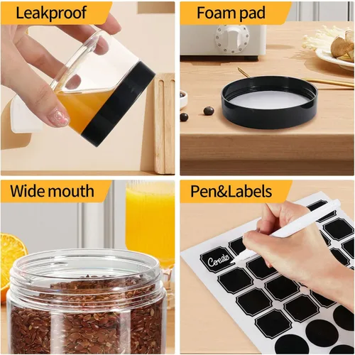 Miniatura 4 de Paquete de 48 tarros de plástico transparente de 4 onzas con boca ancha y tapas negras sin BPA, tarro de almacenamiento recargable multiusos vacío