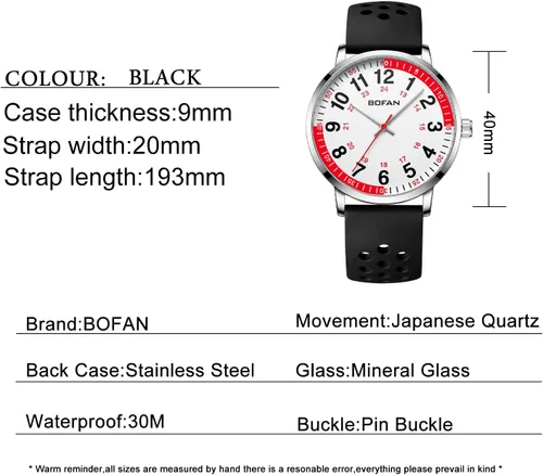 Miniatura 5 de BOFAN Reloj de enfermera para profesionales médicos, estudiantes, médicos con esfera fácil de leer, segunda mano y 24 horas, banda de silicona suave