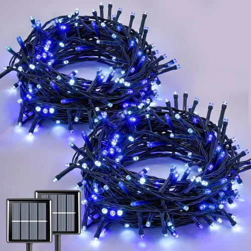 QITONG Paquete de 2 luces solares azules y blancas de Navidad, cada cadena de 200 luces LED solares de 66 pies para exteriores, impermeable, 8 modos