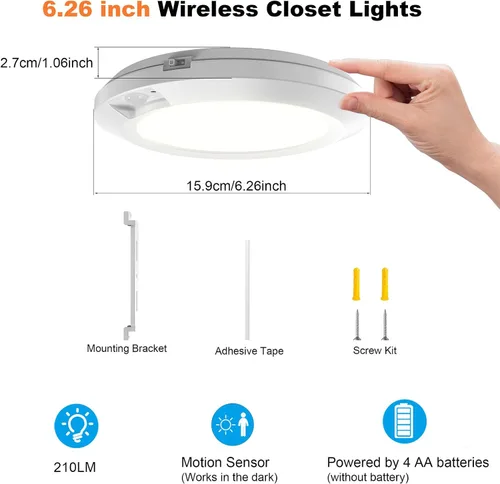 Miniatura 2 de Luz con sensor de movimiento a pilas para interiores, 6.3 pulgadas, 210 lm, 6000 K blanco frío, inalámbrico adhesivo o montaje de tornillo