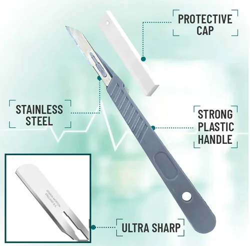 Miniatura 2 de MedHelp Scalpel 14R - Cuchillas dermaplaning con mango de plástico, cuchillas Dermablade de acero de alto carbono. Hoja 14R envuelta Paquete de 10
