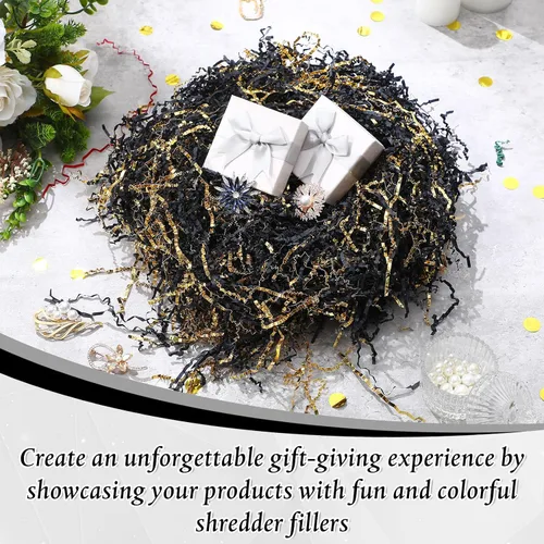 Miniatura 3 de Outus Papel triturado de papel triturado de oro negro de 0.5 libras, papel triturado metálico, caja de regalo de confeti, cesta de relleno de papel
