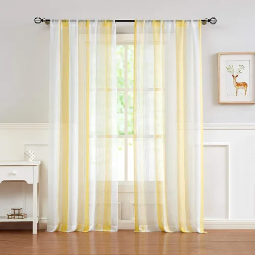Miniatura 14 de Central Park Cortinas Transparentes de Rayas Beige y Blancas Estilo Granja de Lino Bouclé, Pares de Paneles de Cortina de Ventana Tejidos con Hilo