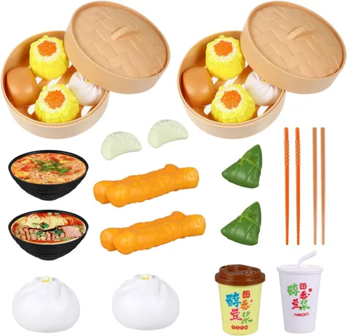 Toyvian Play Food 26pcs Juego de juguete de simulación Bollos de vapor Juguete chino desayuno para niños Juego de cocina Plato de cocina Plato de