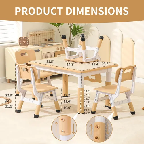 Miniatura 2 de Hulaibit Juego de mesa y sillas para niños pequeños, juego de mesa y 4 sillas con escritorio con grafiti, mesa de estudio infantil ajustable