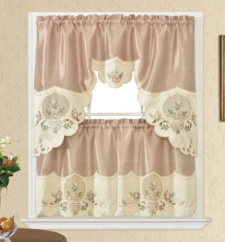 GOHD Rose Melody. Juego de 3 cortinas para cocina y cafetería. Juego de festones y volantes de 24 pulgadas para ventanas pequeñas. Bonito bordado de