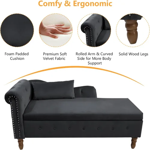 Miniatura 3 de Aoowow Banco de almacenamiento de terciopelo para dormitorio, extremo de la cama, sofá con brazo enrollado, tumbona para interiores con Negro 58