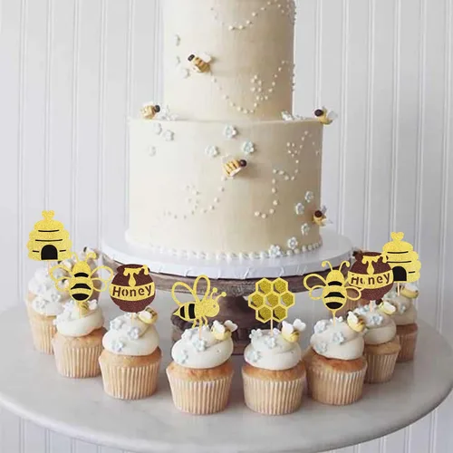 Miniatura 6 de Rsstarxi Paquete de 30 adornos para cupcakes de abejorros con purpurina dorada de panal de abeja, decoración de pasteles para revelación de género