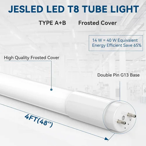 Miniatura 3 de JESLED Paquete de 4 tubos LED T8 de 4 pies, repuesto fluorescente, 48 pulgadas, 14 W, 2450 lm, 4000 K, potencia de extremo simple o doble, tipo A+B