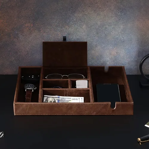 Miniatura 2 de BEWISHOME Bandeja de valet para hombre, organizador de mesita de noche, organizador de almacenamiento de escritorio con estación de carga grande